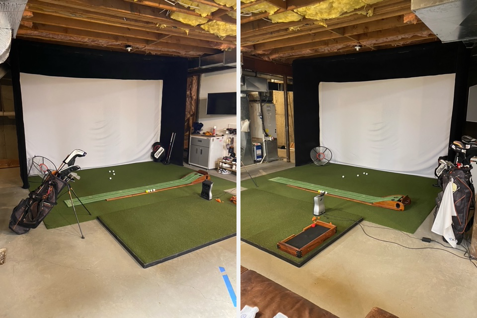 Two photos of a golf simulator that someone built themselves for their home