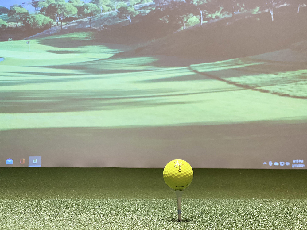 Golf ball sitting on tee in front of golf simulator